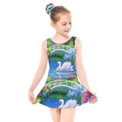 Swan Bird Spring Flowers Trees Lake Pond Landscape Original Aceo Painting Art Kids  Skater Dress Swimsuit