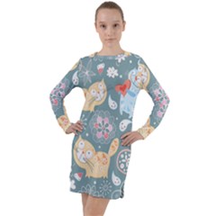 Cute Cat Background Pattern Long Sleeve Hoodie Dress by Ket1n9