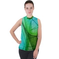 Sunlight Filtering Through Transparent Leaves Green Blue Mock Neck Chiffon Sleeveless Top by Ket1n9