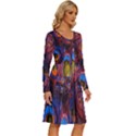 Pretty Peacock Feather Long Sleeve Dress With Pocket View3