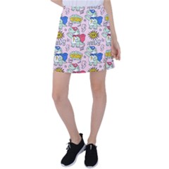 Seamless Pattern With Many Funny Cute Superhero Dinosaurs T-rex Mask Cloak With Comics Style Inscrip Tennis Skirt by Ket1n9