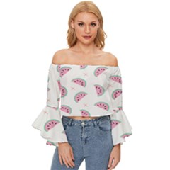 Fresh Watermelon Slices Texture Off Shoulder Flutter Bell Sleeve Top by Ket1n9