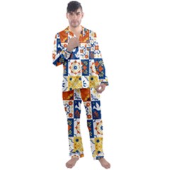 Mexican Talavera Pattern Ceramic Tiles With Flower Leaves Bird Ornaments Traditional Majolica Style Men s Long Sleeve Satin Pajamas Set by Ket1n9