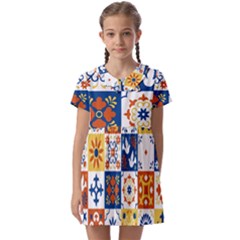 Mexican Talavera Pattern Ceramic Tiles With Flower Leaves Bird Ornaments Traditional Majolica Style Kids  Asymmetric Collar Dress by Ket1n9