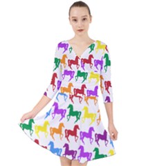 Colorful Horse Background Wallpaper Quarter Sleeve Front Wrap Dress by Hannah976