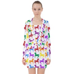 Colorful Horse Background Wallpaper V-neck Bodycon Long Sleeve Dress by Hannah976