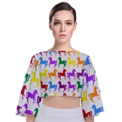 Colorful Horse Background Wallpaper Tie Back Butterfly Sleeve Chiffon Top by Hannah976