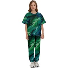 Tropical Green Leaves Background Kids  T-shirt And Pants Sports Set by Hannah976