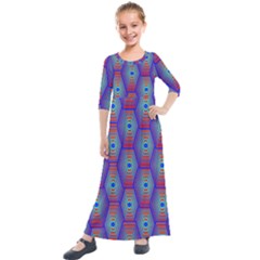 Red Blue Bee Hive Pattern Kids  Quarter Sleeve Maxi Dress by Hannah976