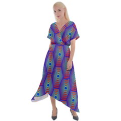 Red Blue Bee Hive Pattern Cross Front Sharkbite Hem Maxi Dress by Hannah976