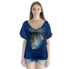 Fish Blue Animal Water Nature V-neck Flutter Sleeve Top by Hannah976