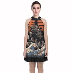 Sushi Dragon Japanese Velvet Halter Neckline Dress  by Bedest