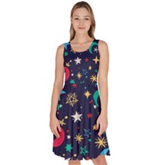 Colorful Background Moons Stars Knee Length Skater Dress With Pockets by Ndabl3x