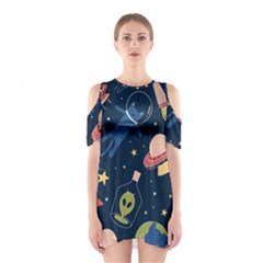 Seamless Pattern With Funny Alien Cat Galaxy Shoulder Cutout One Piece Dress by Ndabl3x