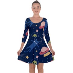 Seamless Pattern With Funny Alien Cat Galaxy Quarter Sleeve Skater Dress by Ndabl3x