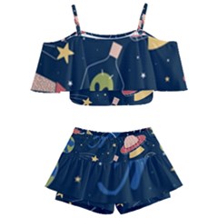 Seamless Pattern With Funny Alien Cat Galaxy Kids  Off Shoulder Skirt Bikini by Ndabl3x