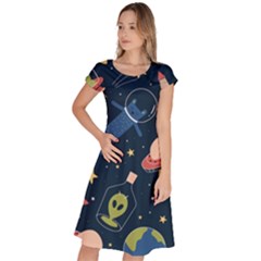 Seamless Pattern With Funny Alien Cat Galaxy Classic Short Sleeve Dress by Ndabl3x