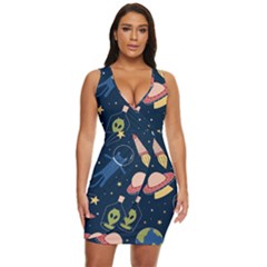 Seamless Pattern With Funny Alien Cat Galaxy Draped Bodycon Dress by Ndabl3x