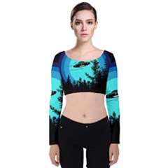 Ufo Alien Night Sky Night Velvet Long Sleeve Crop Top by Cendanart