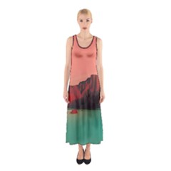 Brown Mountain Illustration Sunset Digital Art Mountains Sleeveless Maxi Dress by Cendanart