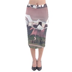 White And Brown Mountain Illustration Digital Art Midi Pencil Skirt by Cendanart