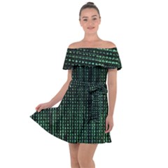 Green Matrix Code Illustration Digital Art Portrait Display Off Shoulder Velour Dress by Cendanart