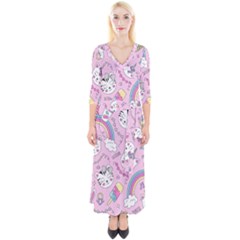 Beautiful Cute Animals Pattern Pink Quarter Sleeve Wrap Maxi Dress by Grandong