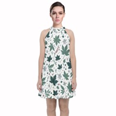 Leaves Nature Bloom Velvet Halter Neckline Dress  by Bedest