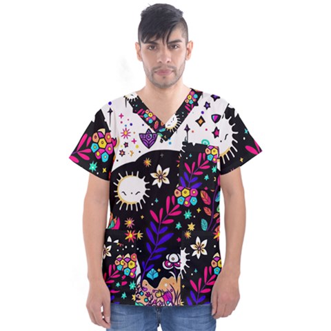 Rainbow Fun Cute Minimal Doodle Men s V-neck Scrub Top by Bedest