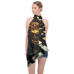 Abstract Shiny Pattern Halter Asymmetric Satin Top by Grandong