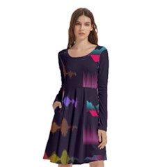 Colorful Sound Wave Set Long Sleeve Knee Length Skater Dress With Pockets by Bedest