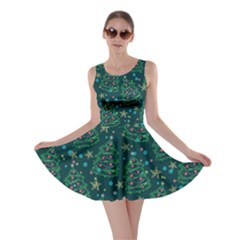 Dark Green Xmas Trees Stars Snowflakes Double Sided Skater Dress by CoolDesigns