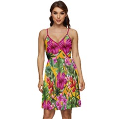 Hawaii Hibiscus Flowers Fuchsia & Orange V-neck Pocket Summer Dress  by CoolDesigns