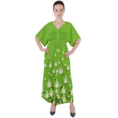 Light Cannabis Light Green Marijuana Badges With Marijuana Leaves V-neck Boho Style Maxi Dress by CoolDesigns