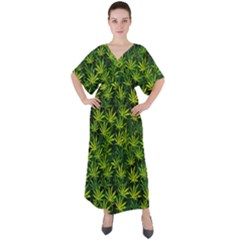 Full Marijuana Green Marijuana Leaves V-neck Boho Style Maxi Dress by CoolDesigns