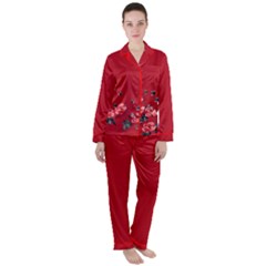 Simple Japanese Floral Red Print Satin Long Sleeve Pyjamas Set by CoolDesigns