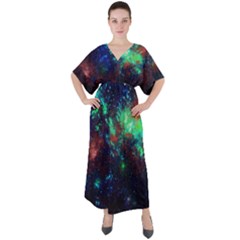 Green Dark Space Black A Fun Night Sky The Moon And Stars V-neck Boho Style Maxi Dress by CoolDesigns