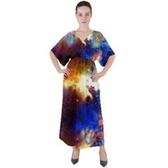 One Light Black A Fun Night Sky The Moon And Stars V-neck Boho Style Maxi Dress by CoolDesigns