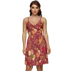 Hawaii Tropical Floral Fire Brick Red V-neck Pocket Summer Dress  by CoolDesigns