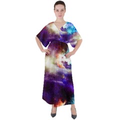 Dark Purple Black A Fun Night Sky The Moon And Stars V-neck Boho Style Maxi Dress by CoolDesigns