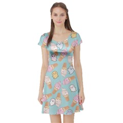 Ice Cream Dessert Light Blue Kawaii Ghost Short Sleeve Skater Dress by CoolDesigns