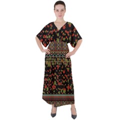 Vintage Chain Patchwork Black Autumn Leaf V-neck Boho Style Maxi Dress by CoolDesigns