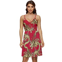 Classic Dragon Crimson Japanese Pattern V-neck Pocket Summer Dress  by CoolDesigns