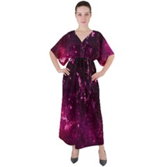 Hot Pink Space Black A Fun Night Sky The Moon And Stars V-neck Boho Style Maxi Dress by CoolDesigns