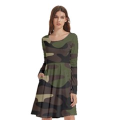 Texture Military Camouflage Repeats Seamless Army Green Hunting Long Sleeve Knee Length Skater Dress With Pockets by Bedest