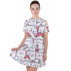 Cute Cat Chef Cooking Seamless Pattern Cartoon Short Sleeve Shoulder Cut Out Dress  by Bedest