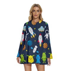 Big Set Cute Astronauts Space Planets Stars Aliens Rockets Ufo Constellations Satellite Moon Rover V Round Neck Long Sleeve Bohemian Style Chiffon Mini Dress by Bedest