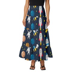 Big Set Cute Astronauts Space Planets Stars Aliens Rockets Ufo Constellations Satellite Moon Rover V Tiered Ruffle Maxi Skirt by Bedest