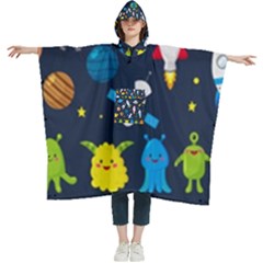 Big Set Cute Astronauts Space Planets Stars Aliens Rockets Ufo Constellations Satellite Moon Rover V Women s Hooded Rain Ponchos by Bedest