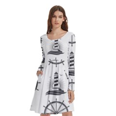 Marine Nautical Seamless Pattern With Vintage Lighthouse Wheel Long Sleeve Knee Length Skater Dress With Pockets by Bedest